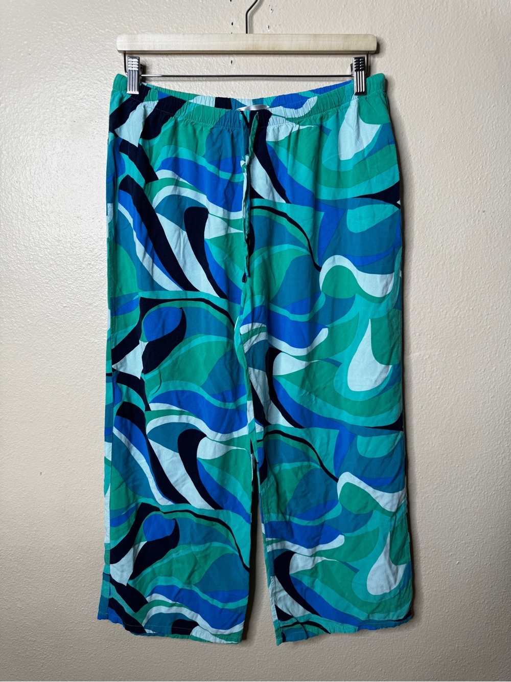 Natori Womens Size L Lounge Pajama Pants Blue Green Abstract Rayon Drawstring